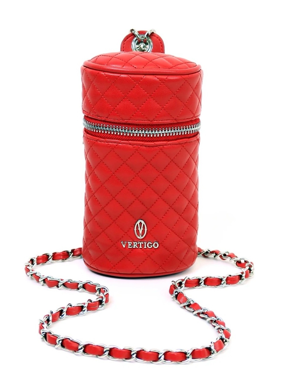 Vertigo Paris Red Quilted Leather Cylinder Crossbody with Chain